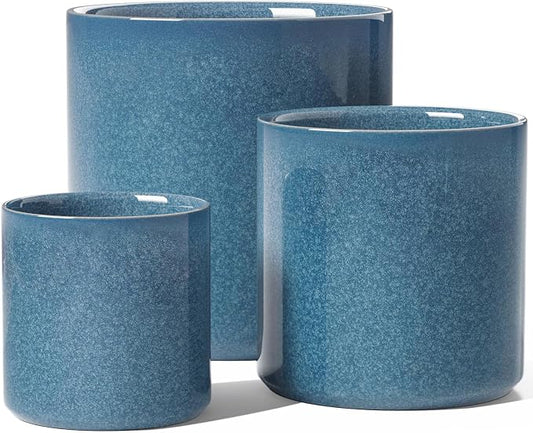 LE TAUCI 10+8+6 Inch Ceramic Pots for Plants, Indoor Planters with Drainage Hole and Plug, Modern Cylinder Flower Pots Set of 3 for Living Room and Bedroom, Glossy, Harbor Blue