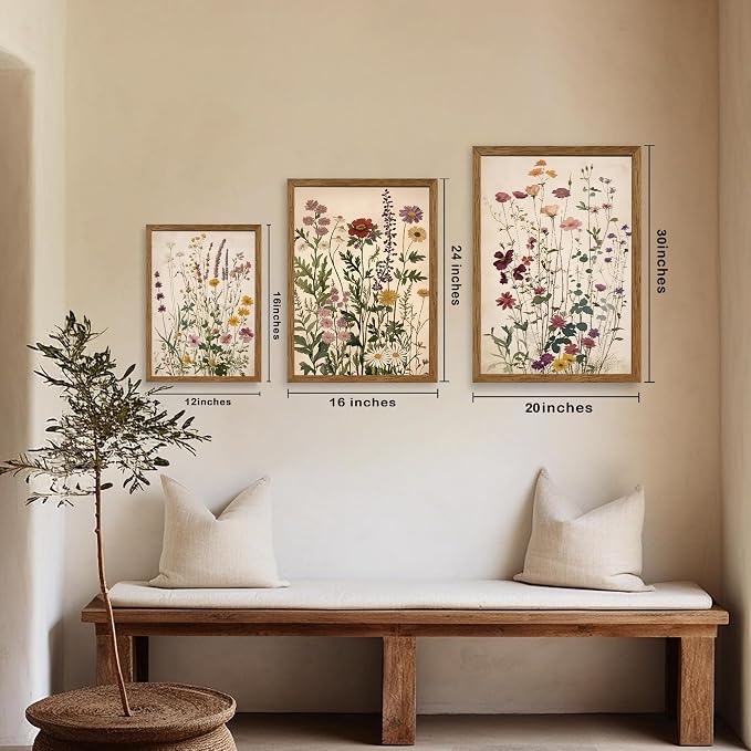 WRFON Botanical and Flower Canvas Wall Art, Framed Wildflower Wall Art Set of 3, Vintage Meadow Flower Canvas Prints, Cottagecore Floral Decor for Living Room Bedroom Bathroom Farmhouse Home, 16x24