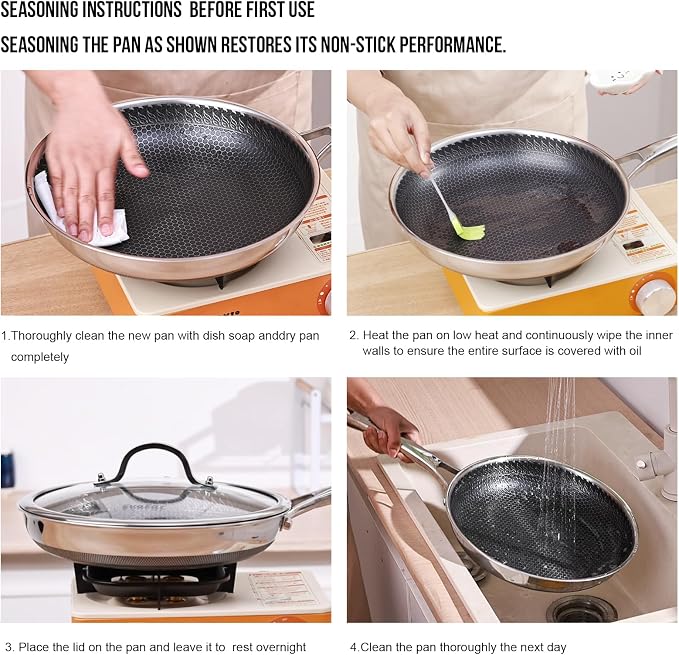 12 Inch Hybrid Nonstick Frying Pan, Stainless Steel Pan Non Stick Skillet, PFOA Free Cookware, Non Toxic Chef's Pan, Compatible with Electric, Gas and Induction, with Lid