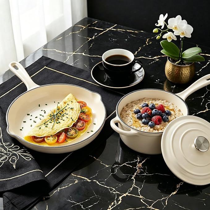 QuliMetal Enameled Cast Iron Cookware Set, 4-Piece Pots and Pans Set with Lids, 10.25" Skillet, 2QT Saucepan, 2.8QT & 4.8QT Dutch Ovens, Oven Safe to 500°F, All Stovetops Compatible - Cream White