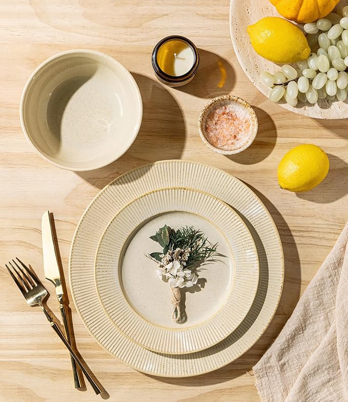 TheTerra Stoneware Dinnerware Sets for 6, 18 Pieces Ceramic Plates and Bowls Sets, Scratch Resistant Embossed Dish Set, Oven, Microwave & Dishwasher Safe, Oatmeal