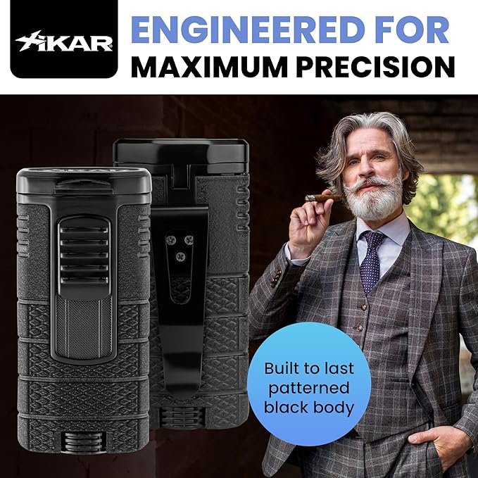XIKAR Tactical Triple Jet Butane Torch Lighter – Refillable Butane Lighter with EZ-View Fuel Window, Wind Resistant Adjustable Flame, Pocket Clip – Premium Lighter for Outdoor Use – Black
