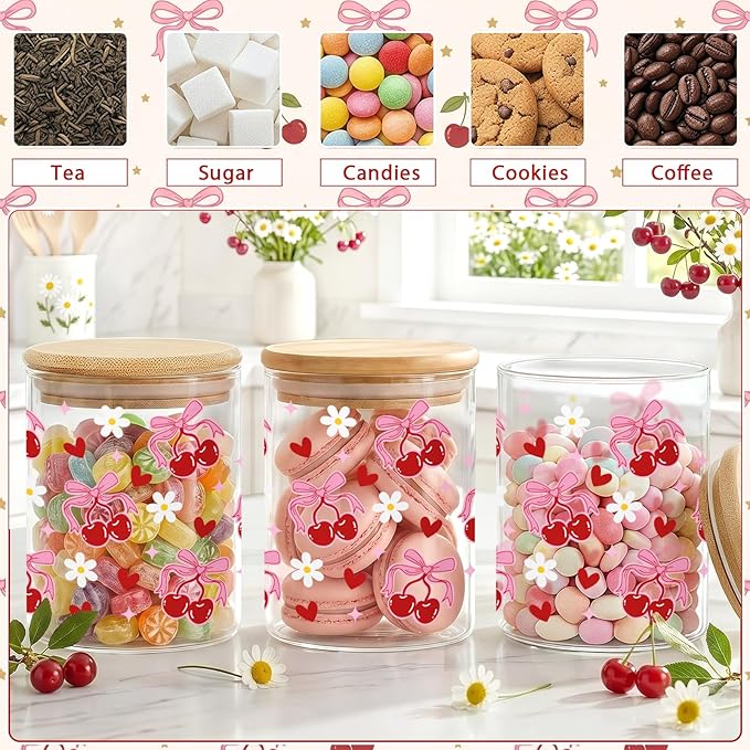 3 Pcs Pink Cherry Bow Glass Storage Jars with Airtight Lids Pink Cherry Candy Cookie Jars Gift Bow Coquette Kitchen Decor Canister Cute Kitchen Containers Gifts for Sugar Cookie