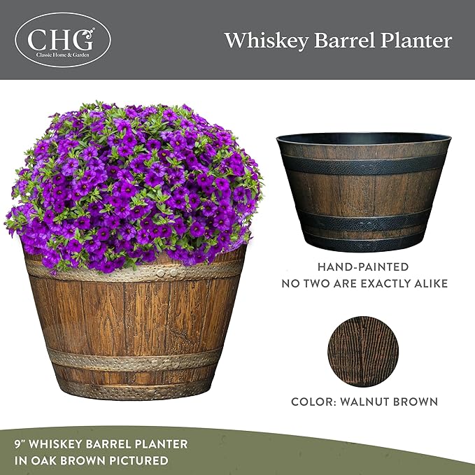 Whiskey Barrel Planters, Wood Finish Flower Planter Pot, Stylish Indoor & Outdoor Resin Garden Pots, Weather-Resistant Planting Pot (20.5" Kentucky Walnut, 1- Pack) | Wood Finish Flower Plant Pots, Indoor & Outdoor Planter, Weather-Resistant, Great for...