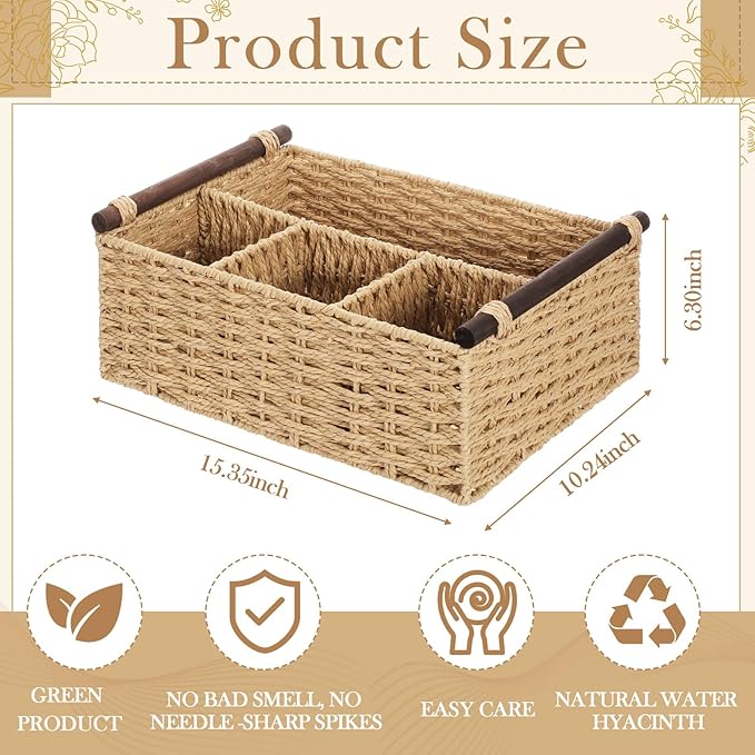 Remerry Bathroom Countertop Organizer Caddy, Wicker-Like Divided Basket with Handle and Metal Frame, 4 Compartment, Paper Rope Storage Organizer for Vanity Kitchen(Beige,15.35 x 10.24 x 6.3 in)