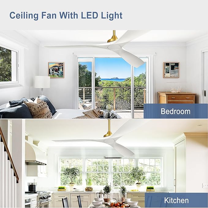 Modern Ceiling Fan with Remote: White and Gold Ceiling Fans 3 Blades - 60 Inch Ceiling Fan No Light for Covered Outdoor Living Room Bedroom