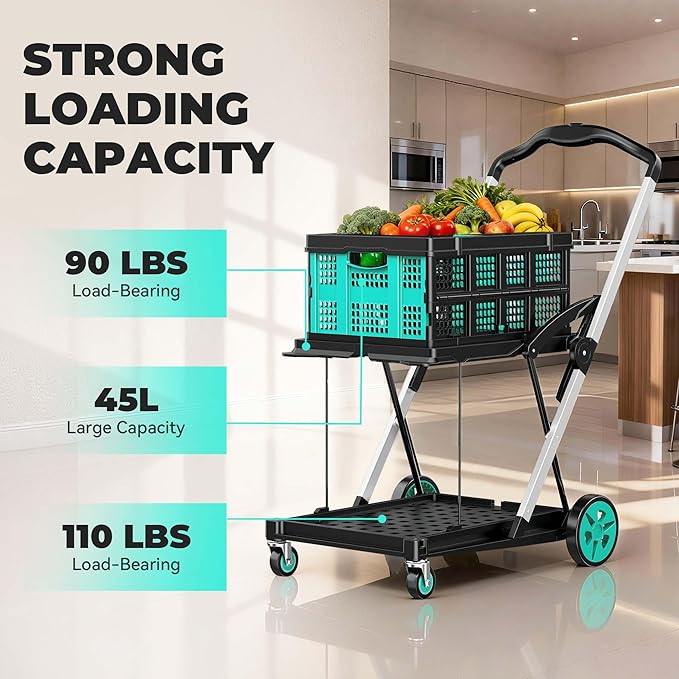 SILVEL 8-in-1 Collapsible Shopping Cart, 200LBS Portable Multi Functional Rolling Crate with 1 Storage Cart,Adjustable Handle Folding Grocery Cart on Wheels for Warehouse, Office, Supermarket, Teal