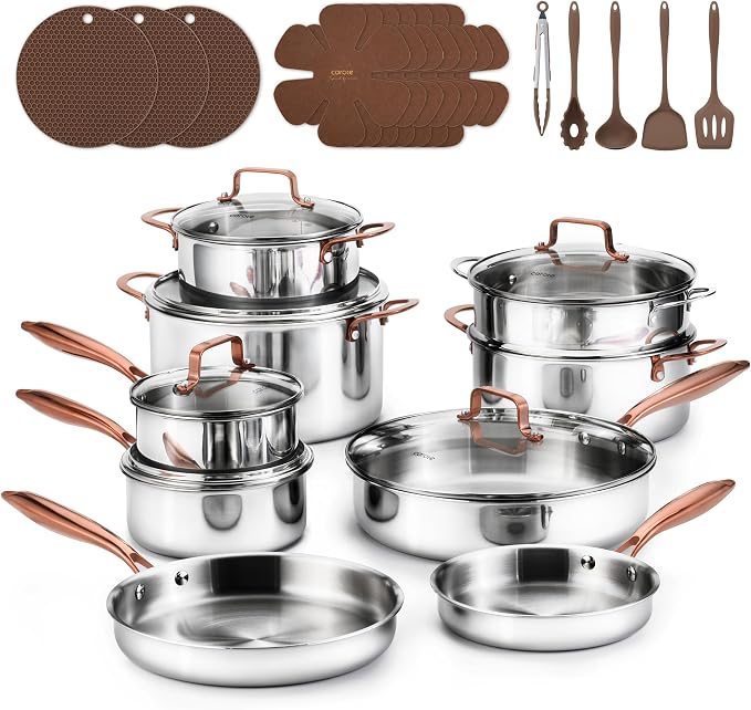 CAROTE 30 PCS Tri-Ply Stainless Steel Cookware Set Pots and Pans Set | Non Toxic Induction Kitchen Cooking Sets,Oven & Dishwasher Safe, All-Stovetop Compatible