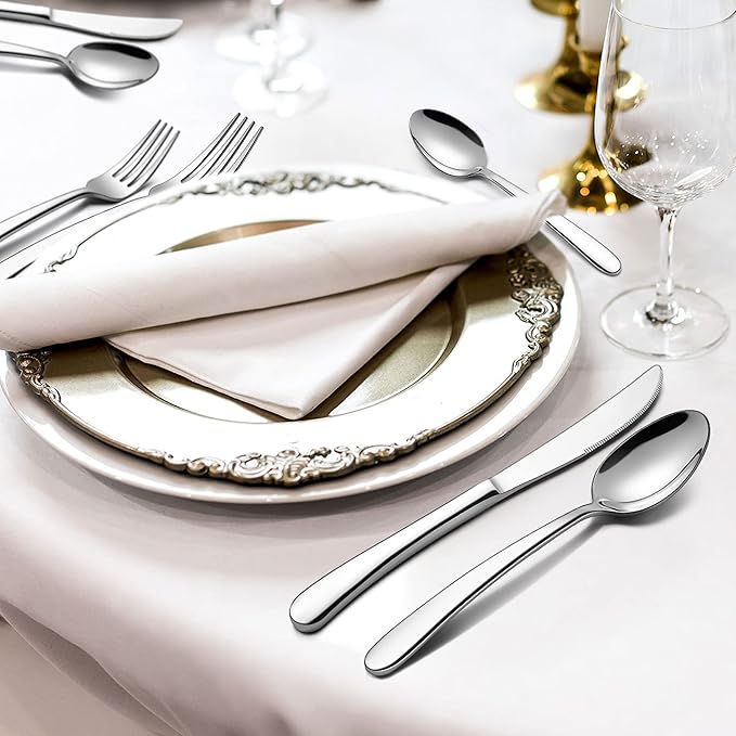 LIANYU 53-Piece Heavy Duty Silverware Set for 8, Plus Serving Utensils and Steak Knives, Stainless Steel Cutlery Flatware Set, Heavy Weight Eating Utensils for Home Wedding, Dishwasher Safe