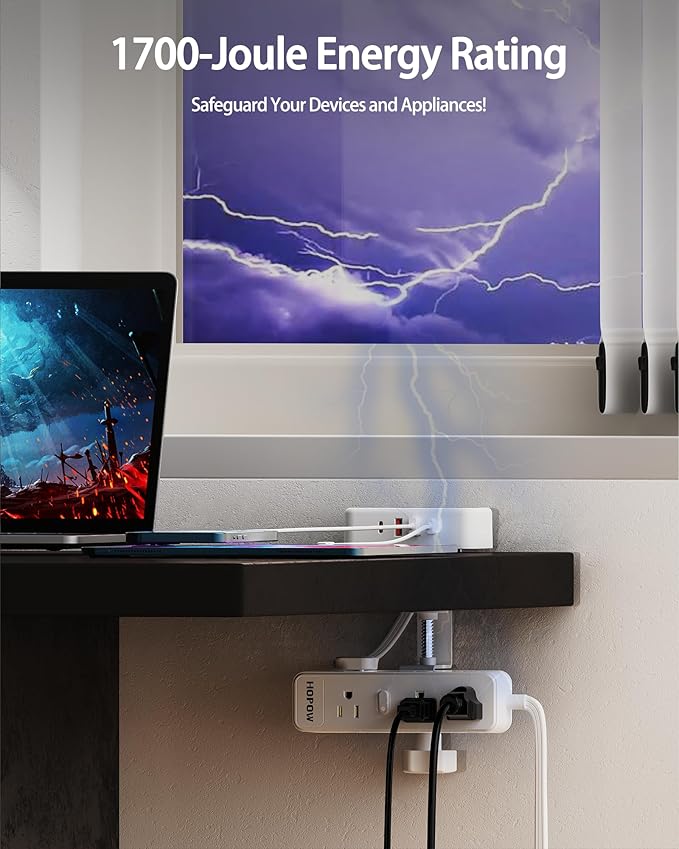 HOPOW Dual Layer Desk Clamp Power Strip（White）, Desktop Edge Mount Charging Station with 13 Outlets 4 USB Ports (2 USB C), Under Desk Surge Protector(1700 Joules), 10 Ft Extension Cord for Office