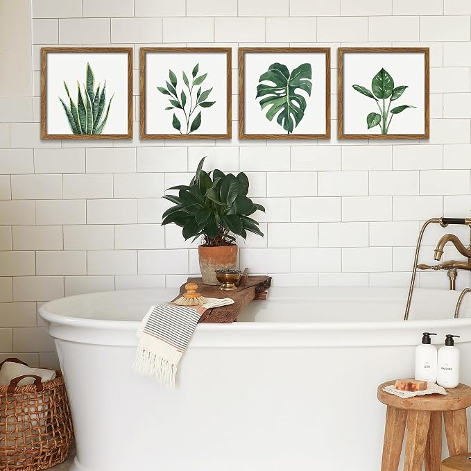ArtbyHannah Framed Bathroom Wall Art Decor, 8x8 Inch 4 Pack Botanical Gallery Wall Frame Set Modern Farmhouse Sage Green Prints Artwork for Spa, Restroom, Bedroom, Office Decoration (Walnut)