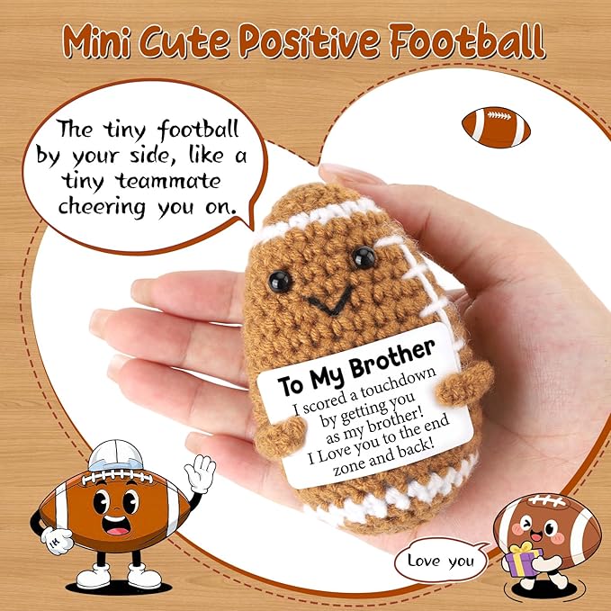 BiuNiuring Mini Funny Brother Gifts from Sister Brothers, Positive Fathers Day Birthday Gift for Men Friends, I Love You Small Cool Cute Football Doll, Handmade Crochet Home Decorations for Brother