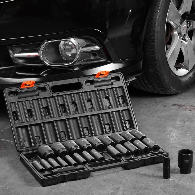 VEVOR Impact Socket Set 1/2 Inches 26 Piece Deep Sockets, 6-Point, Rugged Construction, Cr-V, 1/2 Inches Drive Socket Set Impact Metric 10mm - 36mm, with a Storage Cage
