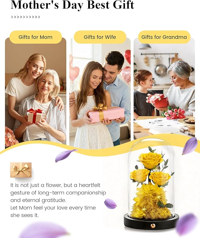 Agrul Mothers Day Flowers Roses Gifts for Mom,Forever Preserved Flower Rose in Glass Dome Fresh Flowers for Delivery Mothers Day Roses Gifts for Wife Women Mom Grandma from Daughter/Yellow Rose