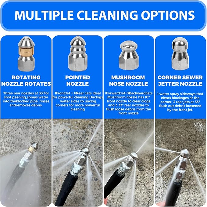 Sewer Jetter Kit for Pressure Washer, 5800PSI Drain Cleaner Hose 1/4 Inch NPT Corner Rotating and Button Nose Sewer Jetting Nozzle Spanner Watertight Tape Pearl Corsage Pin Handle Strap (100FT)