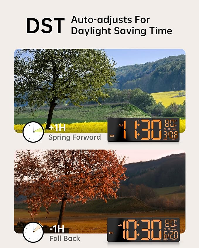 EASYERA 12" Digital Wall Clock for Classroom Livingroom Game Home Decor | LED Display RGB Lights, BIuetooth Sync, Dual Alarms, Auto DST, Countdown, Remote Control, Temperature