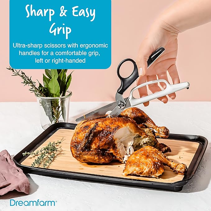 Dreamfarm Kitchen Cutting/Slicing Set – Nocutu, Bishears, Sharple – Mandoline with Flexible Finger Guard, 2‑in‑1 Scissors & Bone Cutter Herb Stripper, Self‑Sharpening Peeler – Stainless Steel Tools