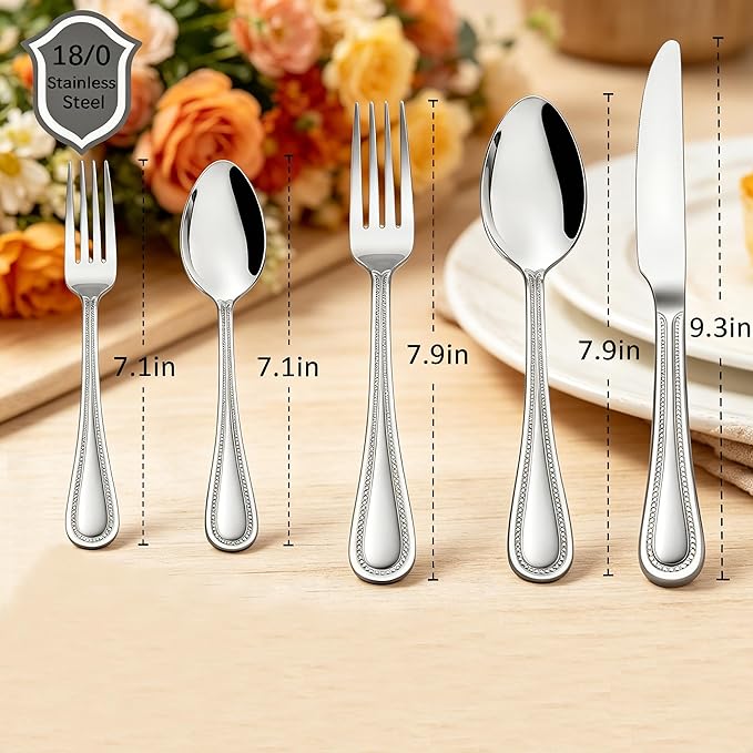 40-Piece Silverware Set, HaWare Stainless Steel Flatware Service for 8, Pearled Edge Tableware Cutlery Include Knife/Fork/Spoon, Beading Eating Utensil for Home, Mirror Polished, Dishwasher Safe