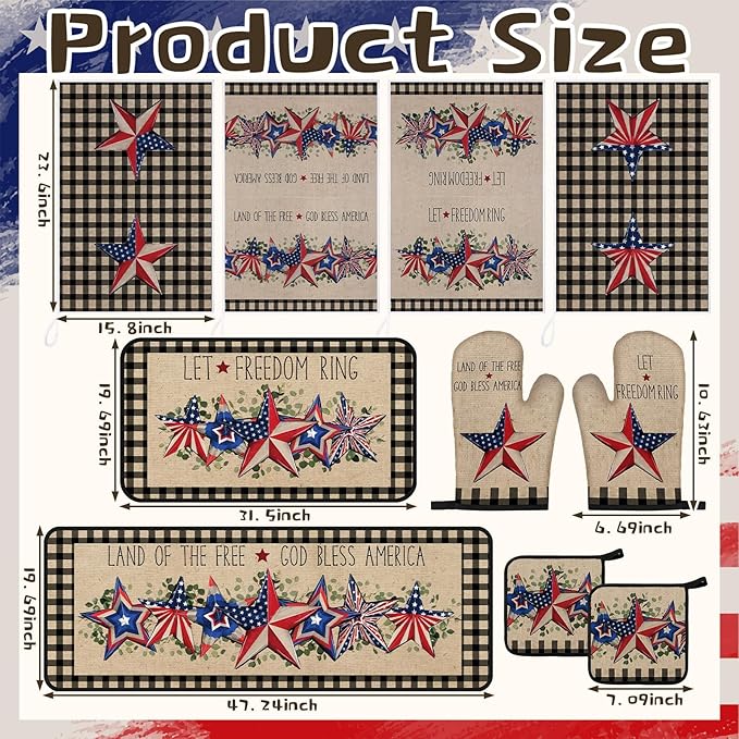 Fourluoo 10 Pcs 4th of July Kitchen Decor and Accessories Red Blue and White Oven Mitts and Pot Holders Set Vintage Dish Towel Patriotic Independence Day Kitchen Decor for 250th Anniversary Women Gift