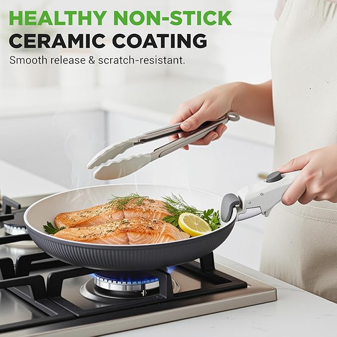 NutriChef 18-Piece Ceramic Cookware Set with Detachable Handles, Non Stick Pots and Pans, PTFE-Free Natural Ceramic Coating, Space-Saving Design, Oven & Stove Safe, Includes Utensils, Blue