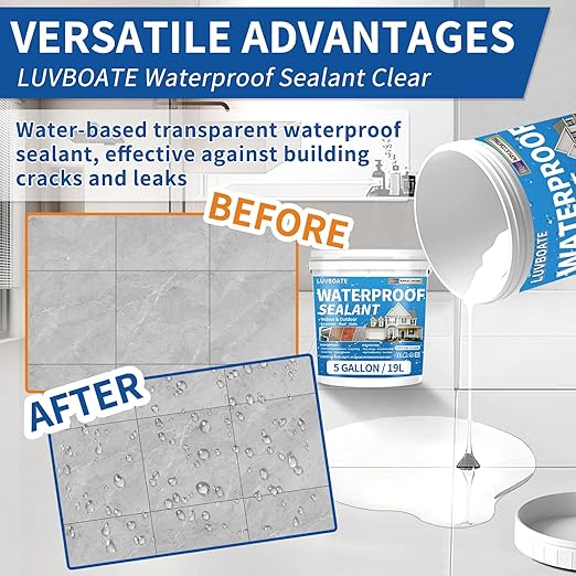 Liquid Waterproof Sealant Clear 5 Gallon, LUVBOATE Transparent Waterproof Coating Water-Based Invisible Repairing Leak Agent Roofs, Walls, Bathroom, Kitchen Indoor & Outdoor