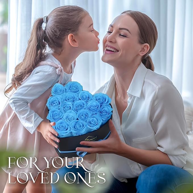 GLAMOUR BOUTIQUE 16 Flower Forever Heart Shape Box, for Mom, Eternal Preserved Roses Gift for Her, Him, Lasting Flowers Bouquet, for Birthday, Anniversary, Teal (Color-Treated)