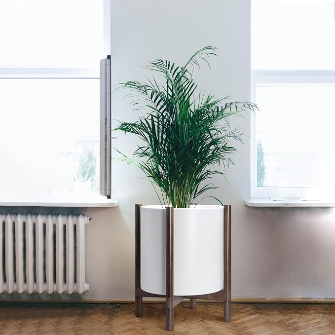 D'vine Dev Plastic Pot with Walnut Wood Stand, White, 16 in, 55-C-X-1 | Mid-Century Inspired Design, Elevated Plant Display, Clean Lines, Sturdy Support, Modern Space-Saving Style