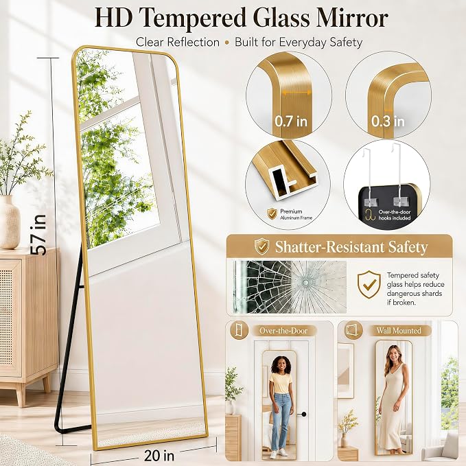 SCWF-GZ 57x20 Full Length Mirror Over The Door Hanging, Floor Stand/Wall Mounted Aluminum Alloy Frame Dressing Mirror for Bedroom Living Room 57 inch Gold