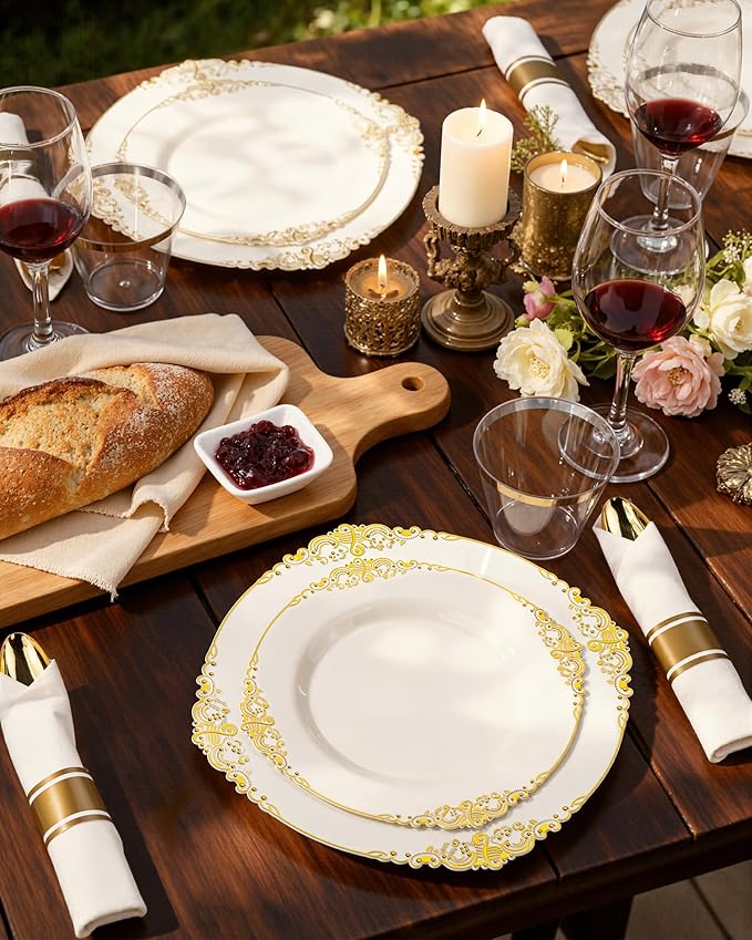 Nervure 350PCS Ivory Plastic Plates - Ivory Gold Plastic Dinnerware Sets for 50 Guests - 100 Gold Disposable Plates, 50 Pre Rolled Silverware Sets, 50 Cups Perfect for Wedding & Party & Mothers Day