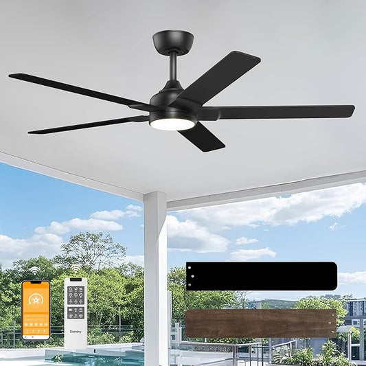 DAMINY 52 inch Black Ceiling Fans with Lights,5 Blades,6CCT, Low Profile,Remote Control,for Bedroom, Kitchen,Living Room,Indoor/Outdoor Use,Downrod