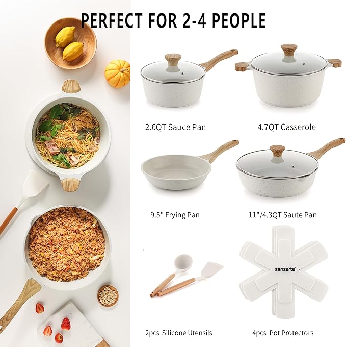 SENSARTE Nonstick Ceramic Cookware Set, 13-Piece Non-toxic Pots and Pans Set, Healthy Kitchen Cooking Set with Stay-Cool Handles, Silicone Tools and Pot Protectors, PFAS Free