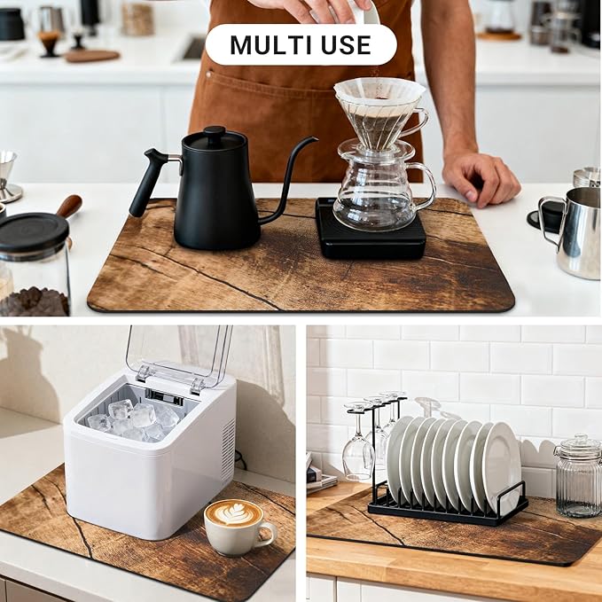 Coffee Mat 19x12 Inch, Wood Grain Coffee Counter Mat, Absorbent Hide Stain Rubber Backed Dish Drying Mat for Kitchen Counter, Bar Mats for Countertops, Under Coffee Maker Machine Pot Espresso Staion