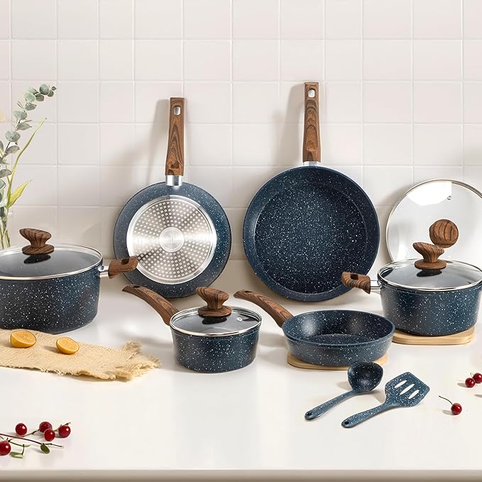 DisDelight Induction Pots and Pans Set Non Stick, Nonstick Granite Kitchen Cookware Sets, Blue Cooking Pans, PFOA & PFOS Free