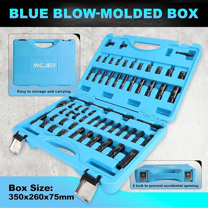 Socket Set 1/4, 56 Piece Impact Socket Set Metric and Standard Full, 6 Point, Cr-V, 1/4-Inch Drive Ratchet Handle, Drive Extension Bar, Impact Universal Joint,impact adapter