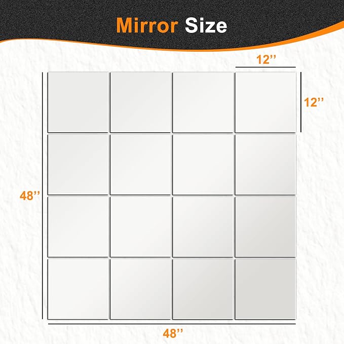 Delma Home Gym Mirrors, 12'' x 12'' Glass Mirror Tiles, 16 PCS | Square Large Wall Mirror, For Home Gym, Bedroom, Door, Bathroom, Frameless Mirror Sets