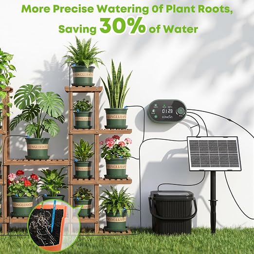 Solar Drip Irrigation System Kit, Auto Plant Waterer for 15 Pots | 3W Solar DIY Watering Device with Bucket & Flower Pots Included, 22 Programmable Timer Modes, Anti-Siphon