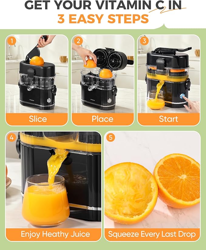 Electric Orange Juicer, Dual-Head Citrus Juicer Squeezer with Power Cord & Cleaning Brush, Built-in Cutter, One-Touch Automatic Electric Juicer Machine for Orange, Lemon and Grapefruit, Black