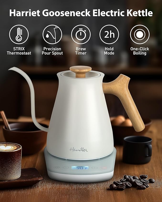 Harriet Gooseneck Electric Kettle 1200W Fast Heat, 0.8L Stainless Steel, Precision Temp Control & Timer, Wood Handle