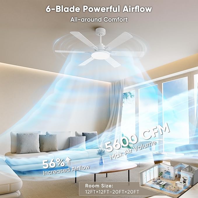 52 Inch Ceiling Fans with Lights, 6 Double Sided Blades, Ultra Quiet Reversible DC Motor, Remote & APP Control, 6 Speeds, 3CCT Dimmable LED with Memory Function, Downrod Mount for Living Room, White