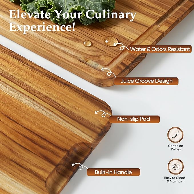 3 Pack Teak Cutting Board Set for Kitchen Wood Charcuterie Board with Juice Groove Wooden Cutting Boards Non Toxic Heavy Duty Slip Over Sink Solid Thick Chopping Board FSC