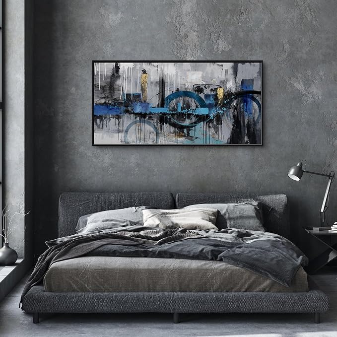 KLAKLA Abstract Wall Art - Blue and Gray Pictures Canvas Artwork for Living Room Bedroom Horizontal Black Framed Above Bed Wall Decor