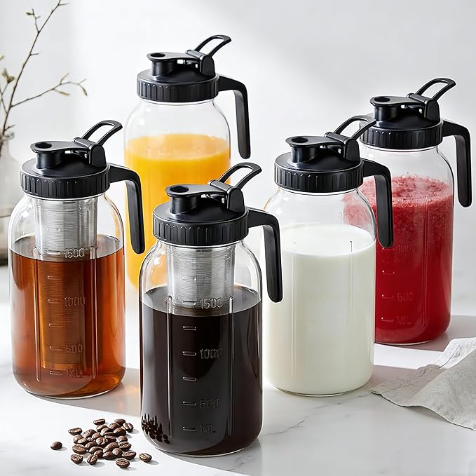 Cold Brew Coffee Maker 64 Oz Wide Mouth Mason Jar Pitcher With stainless steel Filter 2 Quart Airtight & Leak-Proof cold brew pitcher with pour spout lid and handle For iced Coffee Tea and lemonade