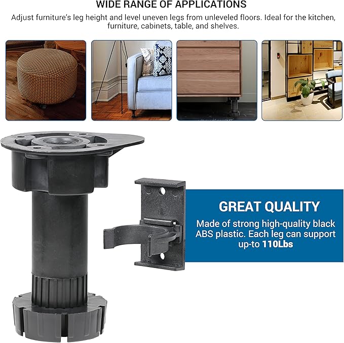 Rok Hardware Adjustable Furniture Legs, Cabinet Leg Levelers, Adjusts from 3-3/4" (95.25mm) to 6" (152.4mm) high - 4 Pack, Black ABS, R3301BLK