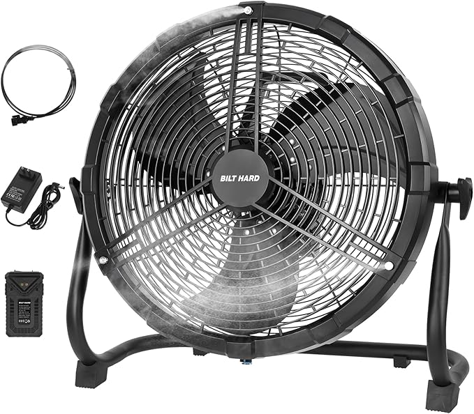 BILT HARD 16 Inch Outdoor Portable Misting Fan, Battery Operated Floor Fan with 15600mAh Detachable Battery, Outside Rechargeable Portable Fan for Patio, Camping, Travel