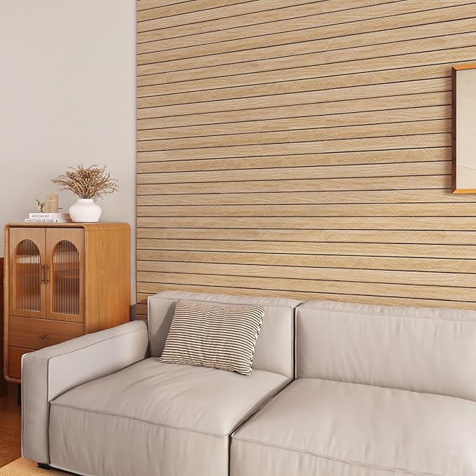 ReWallpaper Self Adhesive Wood Panels for Wall Peel and Stick Light Oak Faux Wood Slat Wall Panel Waterproof Sound Proof Foam Panels for Bedroom Bathroom Living Room Door DIY Home Decor 12in x 10ft