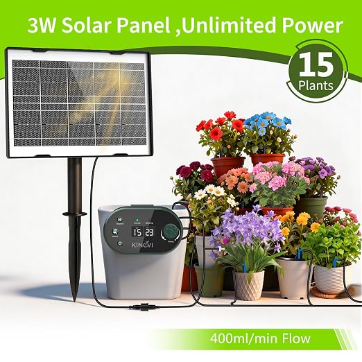 Solar Drip Irrigation System Kit, Auto Plant Waterer for 15 Pots | 3W Solar Powered Automatic Self Watering Device, 22 Programmable Timer Modes, Anti-Siphon, Outdoor Balcony
