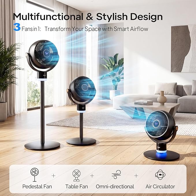 ROVSUN 3-in-1 Standing Fan for Bedroom, 40" Pedestal & Tabletop Fan, 120°+90°Omni-directional Oscillating Fan with Remote, Mood Lighting, 3 Speeds, 12H Timer and Adjustable Height, Black 2-Pack