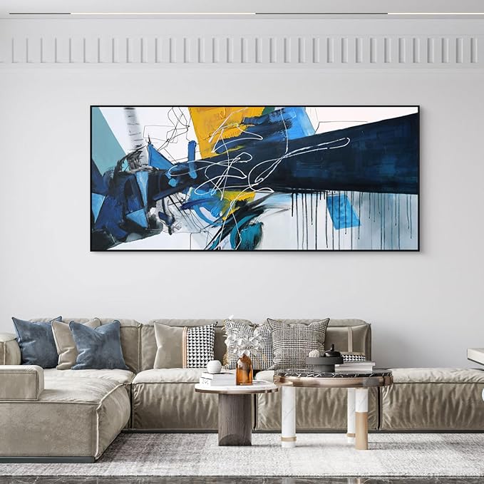 KLAKLA Wall Art for Living Room - Blue Abstract Canvas Pictures Framed Artwork for walls Extra Large Prints for Bedroom Above the Bed Decor 8x39 Inches