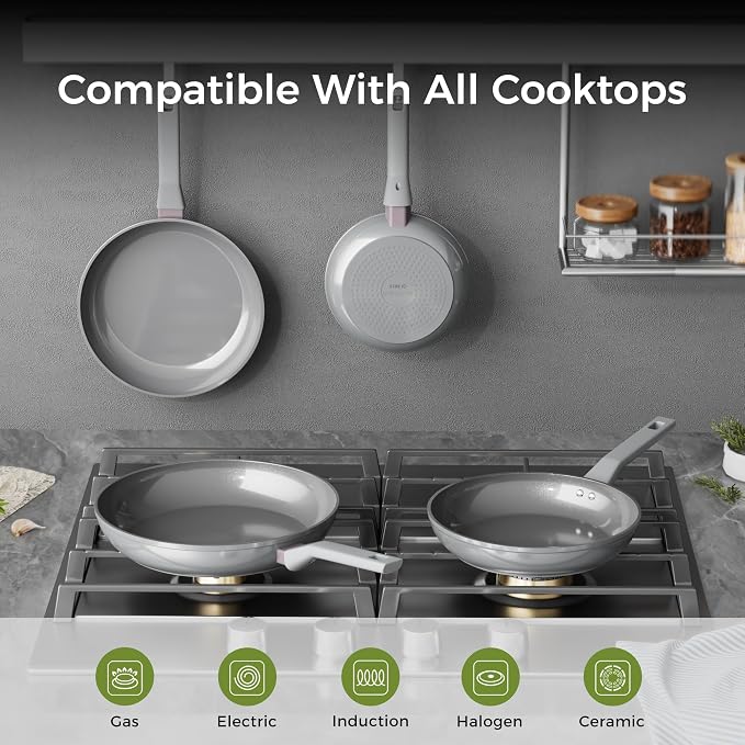 Sanho 10'' 12'' NonStick Frying Pan, Diamond-Titanium Ceramic Frying Pans Skillet, Non Stick Egg Pans with Stay Cool Handle for Induction, Dishwasher & Oven Safe, PTFE & PFOA Free, Non Toxic