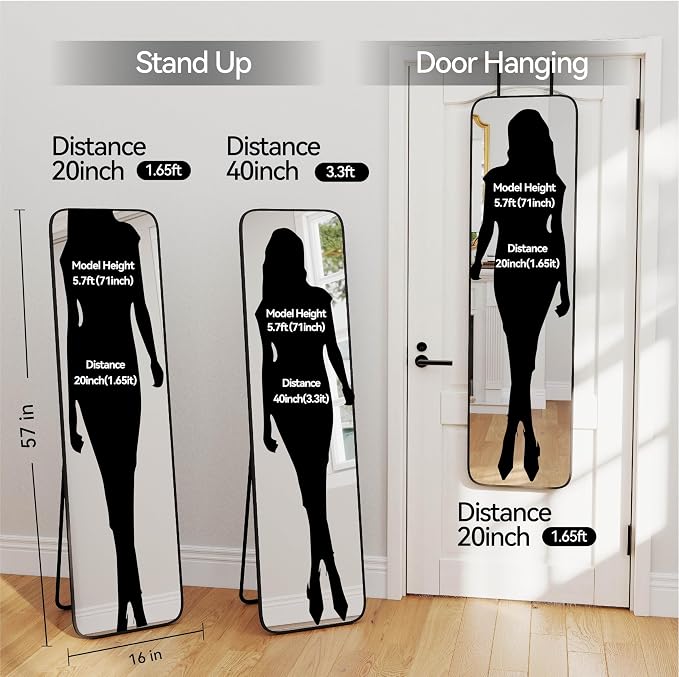 SCWF-GZ 57x16 Full Length Mirror Over The Door Hanging, Floor Stand/Wall Mounted Aluminum Alloy Frame Dressing Mirror for Bedroom Living Room 57 inch Black